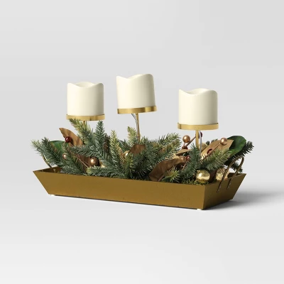 Battery Operated Flameless Pillar Candle And Candle Holder In Gold Tray With Faux Christmas Greenery - Wondershop™ 5 Battery Operated Flameless Pillar Candle And Candle Holder In Gold Tray With Faux Christmas Greenery - Wondershop™ - Image 3