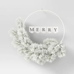 20" Battery Operated Lit Flocked Mixed Greenery On 'Merry' Metal Hoop Artificial Christmas Wreath White - Wondershop™ -Christmas Supplies Store GUEST 4b7071c8 699f 4593 a608 d2d610832062