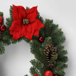 28" Pine And Poinsettia Flower With Ornaments Artificial Christmas Wreath Red - Wondershop™ -Christmas Supplies Store GUEST 5492aff8 293e 43d0 a550 b5f9f465bf80