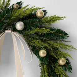 24" Christmas Unlit Champagne Ornament And Bow Wreath - Wondershop™ -Christmas Supplies Store GUEST 7ac84b8b ed63 4ec3 8cdc 174196419b27