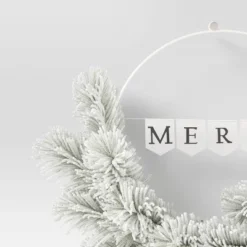 20" Battery Operated Lit Flocked Mixed Greenery On 'Merry' Metal Hoop Artificial Christmas Wreath White - Wondershop™ -Christmas Supplies Store GUEST 7ed76e8a d25a 473e 820a 27f16b467806