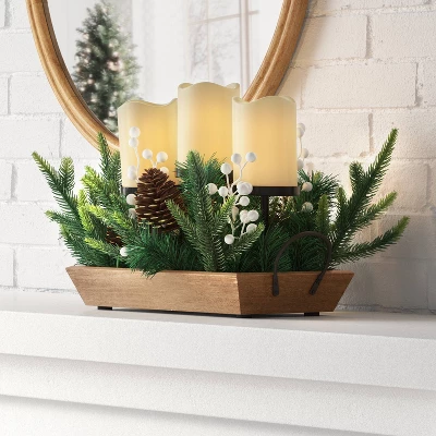 Battery Operated Flameless Pillar Candle And Black Candle Holder In Wood Tray With Faux Christmas Greenery - Wondershop™ 3 Battery Operated Flameless Pillar Candle And Black Candle Holder In Wood Tray With Faux Christmas Greenery - Wondershop™
