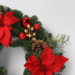 22" Mixed Greenery And Poinsettia Flowers Decorated Artificial Christmas Wreath Green - Wondershop™ -Christmas Supplies Store GUEST fa25a2af c2c8 448e 8819 8f475a69a4c7